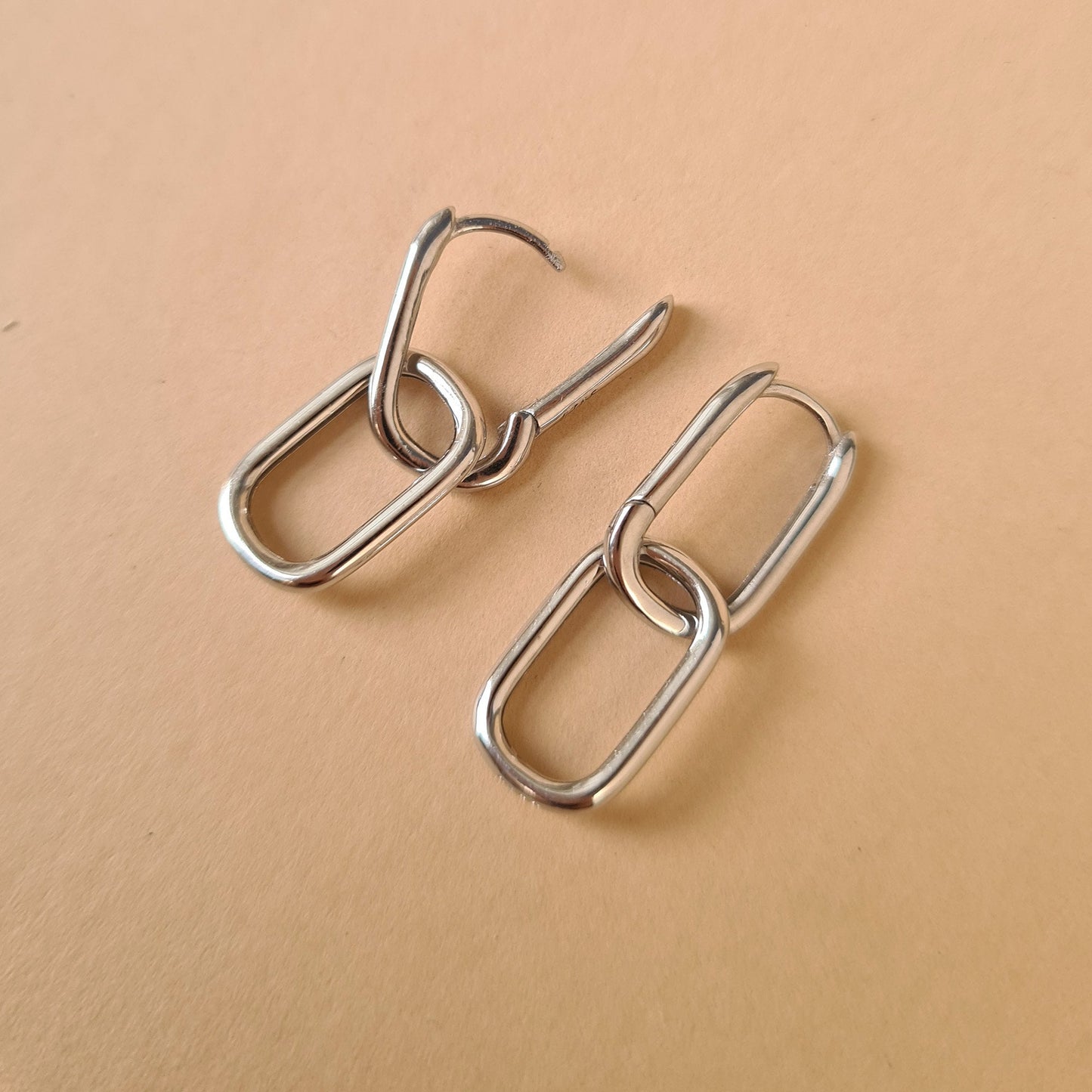 Interlocking Rectangle Silver Sterling Silver Huggie Hoop Drop Earrings