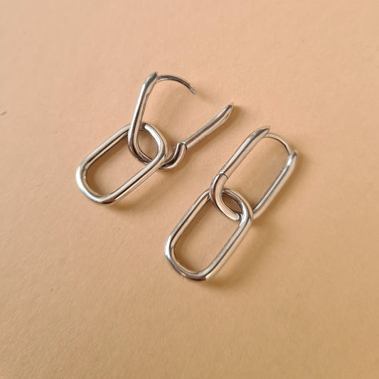 Interlocking Rectangle Silver Sterling Silver Huggie Hoop Drop Earrings