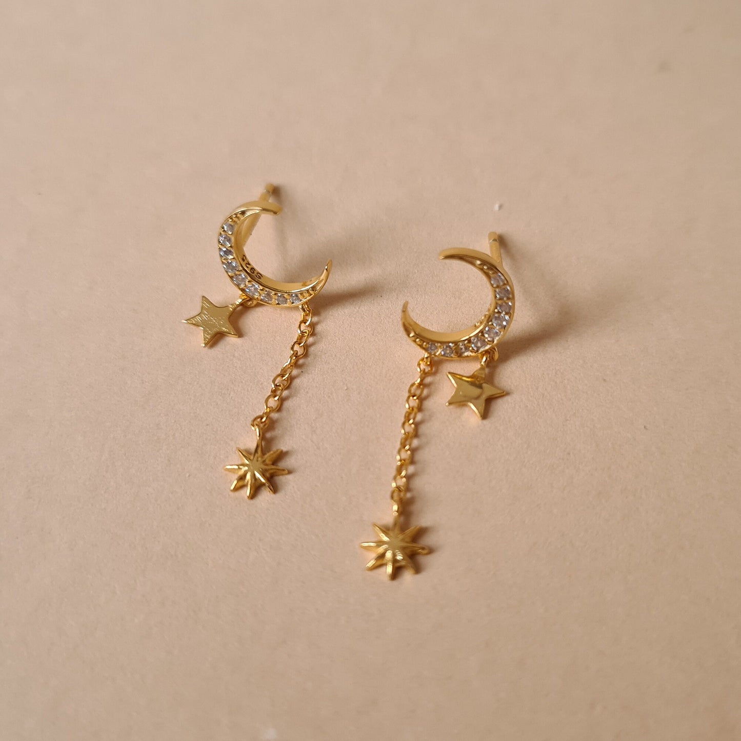 Gold Vermeil Sterling Silver Crescent Moon Stars Chain Drop Earrings Celestial Stars