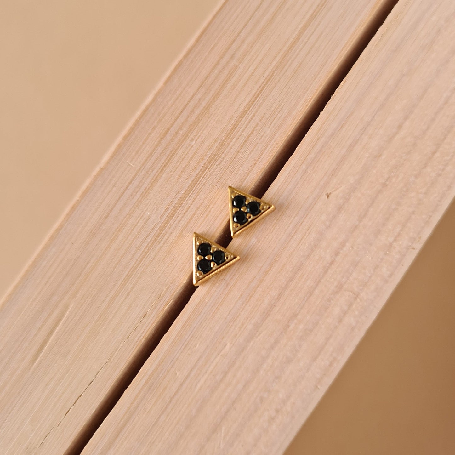 Gold vermeil Sterling Silver Mini Triangle Stud Earrings with Black Lab Crystals