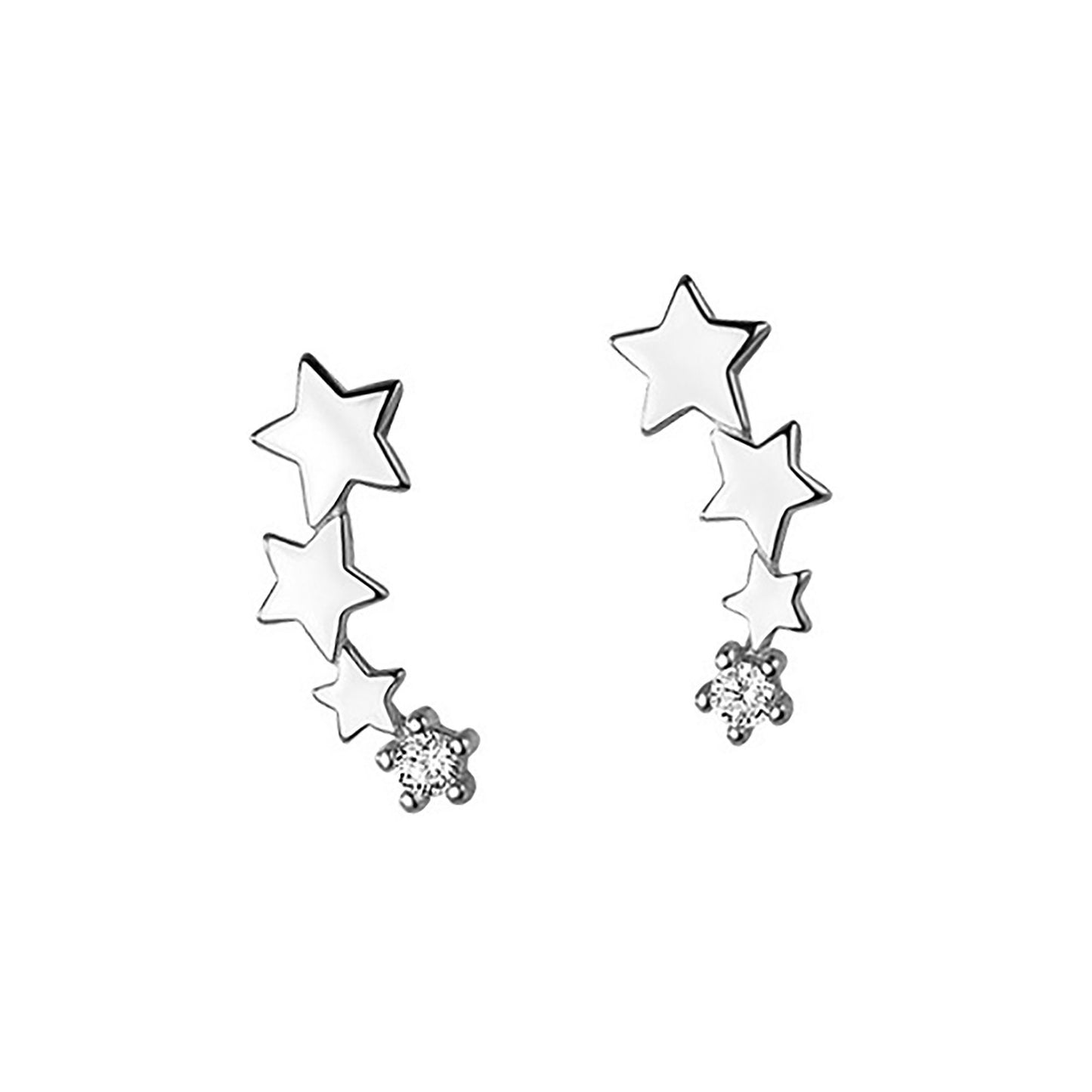 sterling silver triple stars curved stud earrings in silver and gold with cz diamante crystal celestial