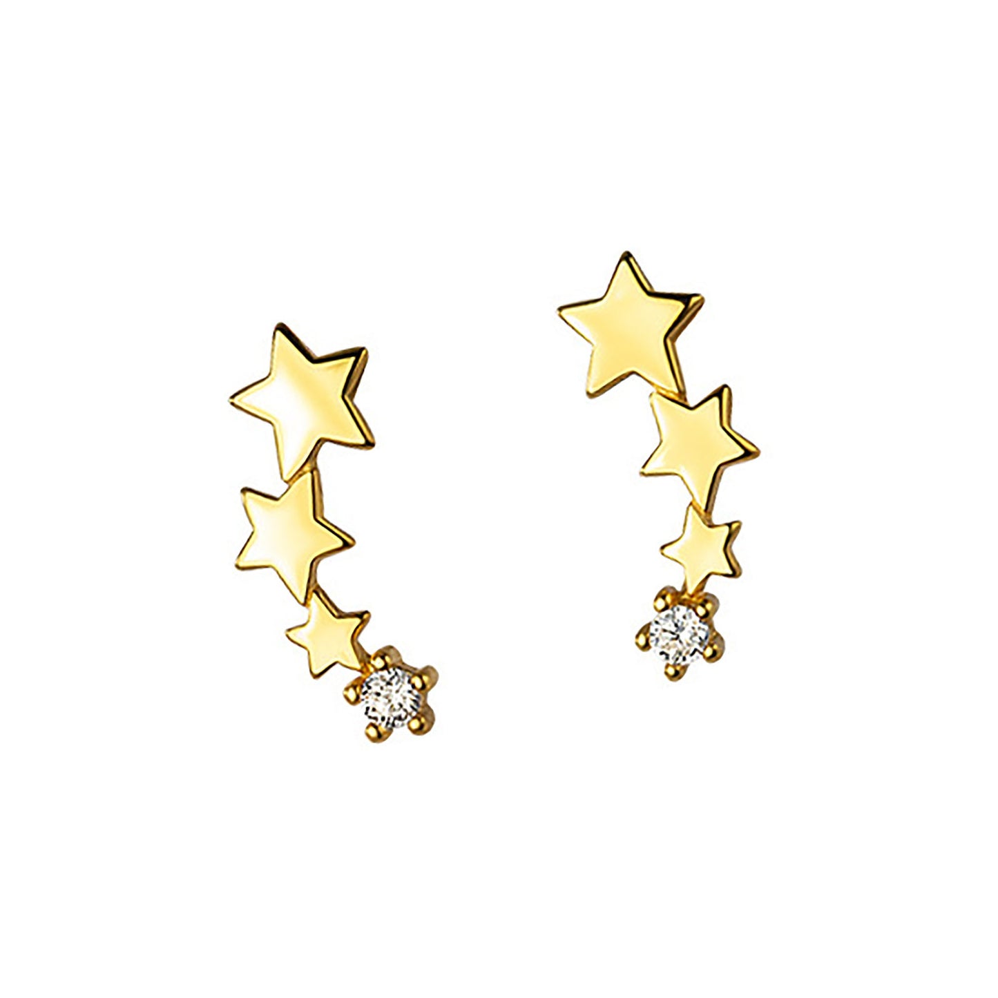 sterling silver triple stars curved stud earrings in silver and gold with cz diamante crystal celestial