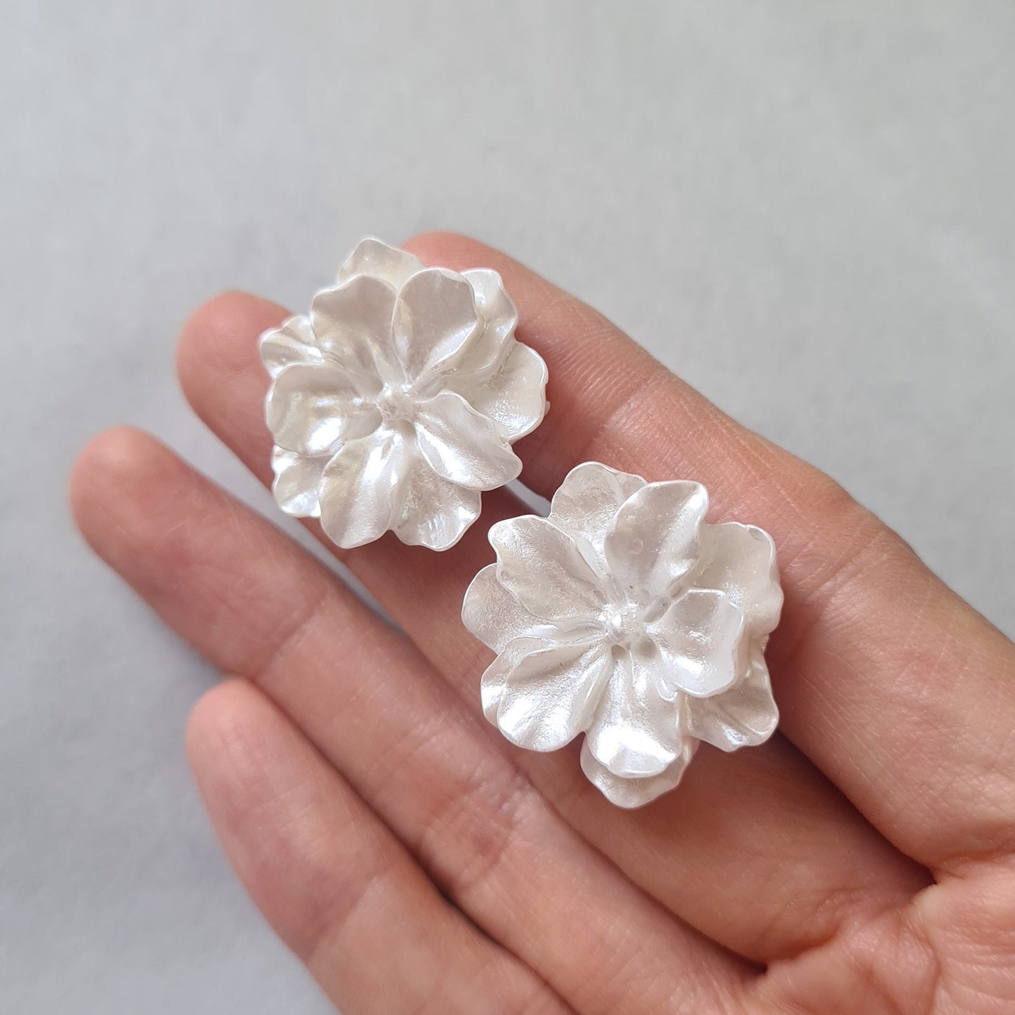 Large Ivory White Jasmine Flower Acrylic Flower Bud Earrings Sterling Silver Posts Lifelike Flower Earrings Statement Earrings