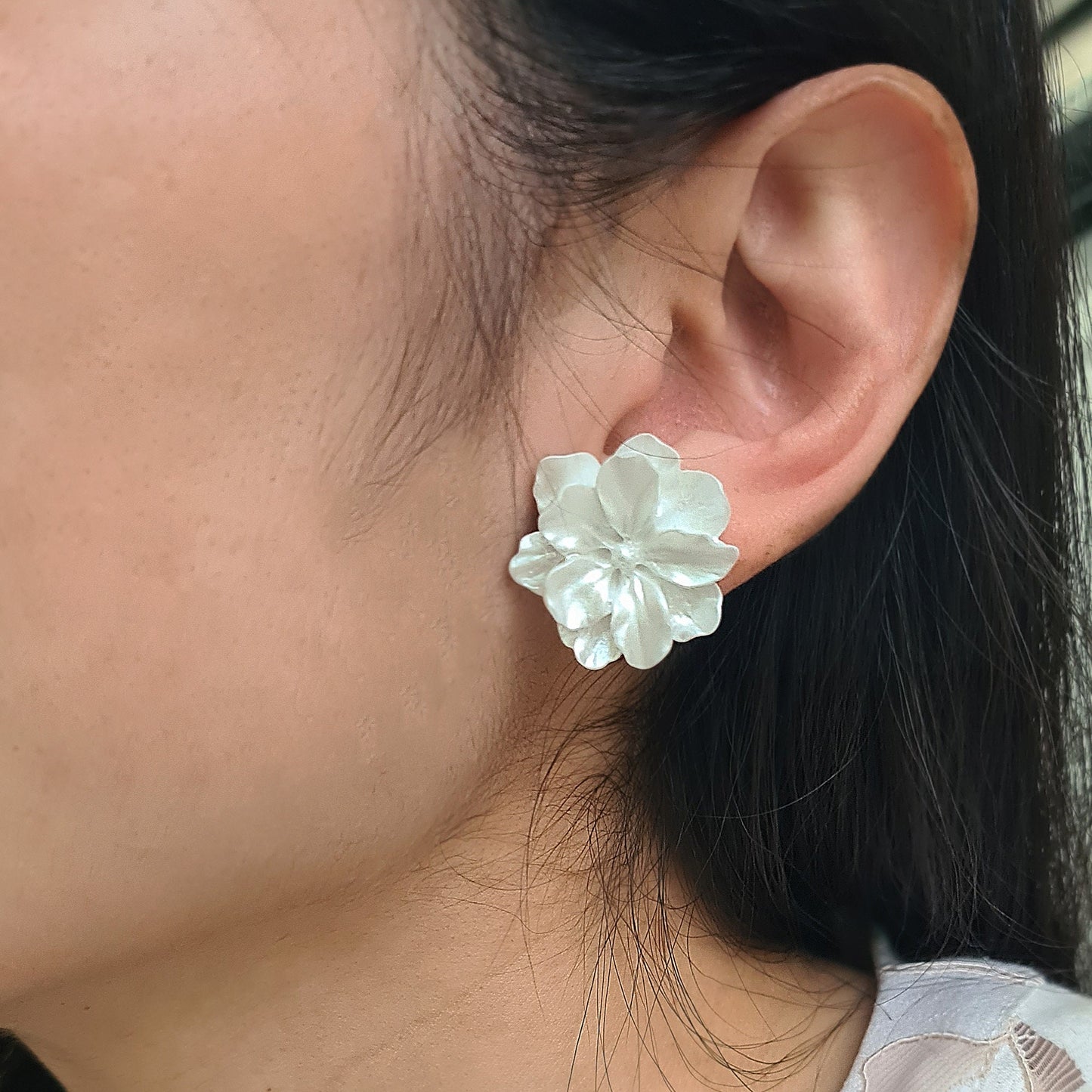 Large Ivory White Jasmine Flower Acrylic Flower Bud Earrings Sterling Silver Posts Lifelike Flower Earrings Statement Earrings