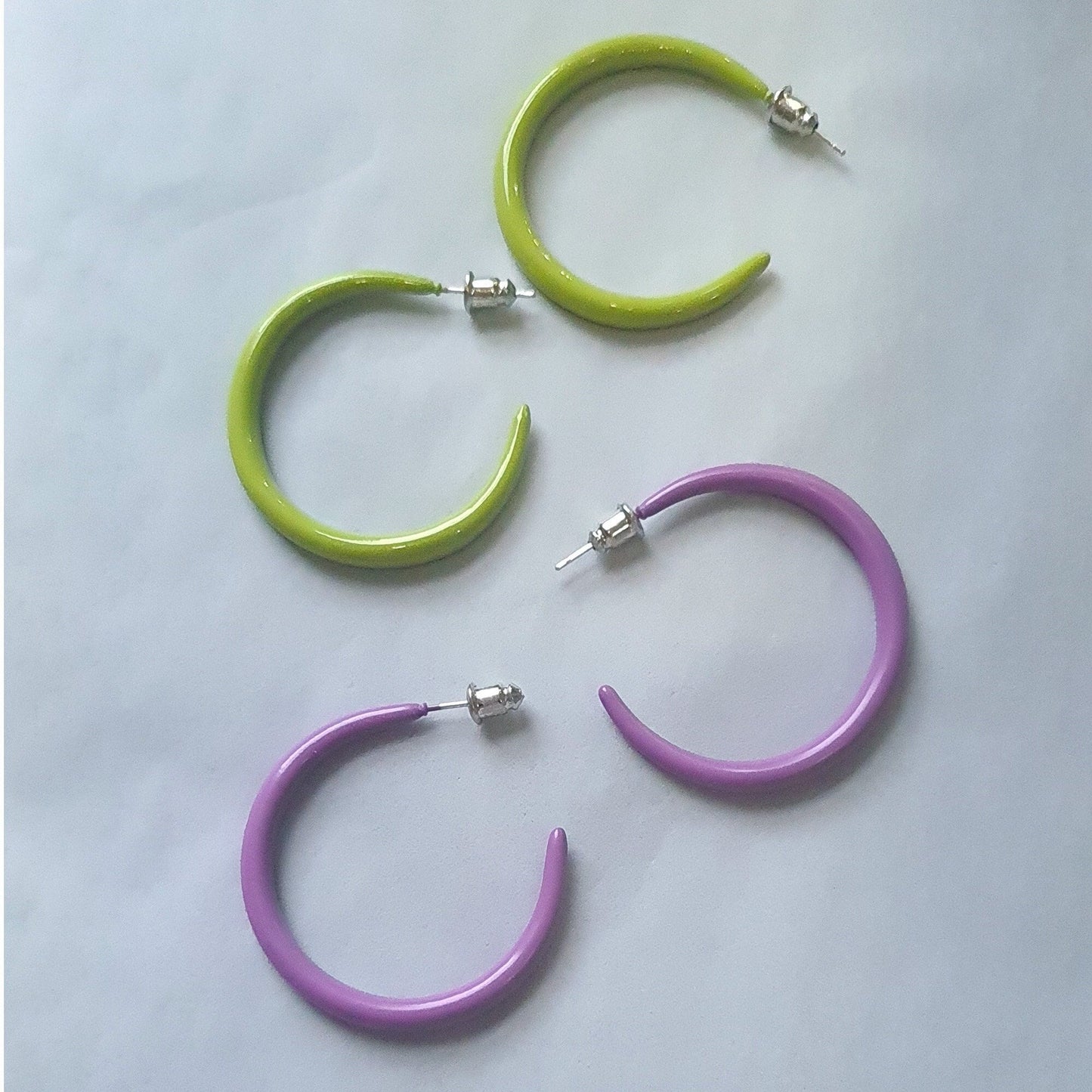 Large Acrylic Bright Green and Purple C Hoop Circle Earrings Colourful Earrings