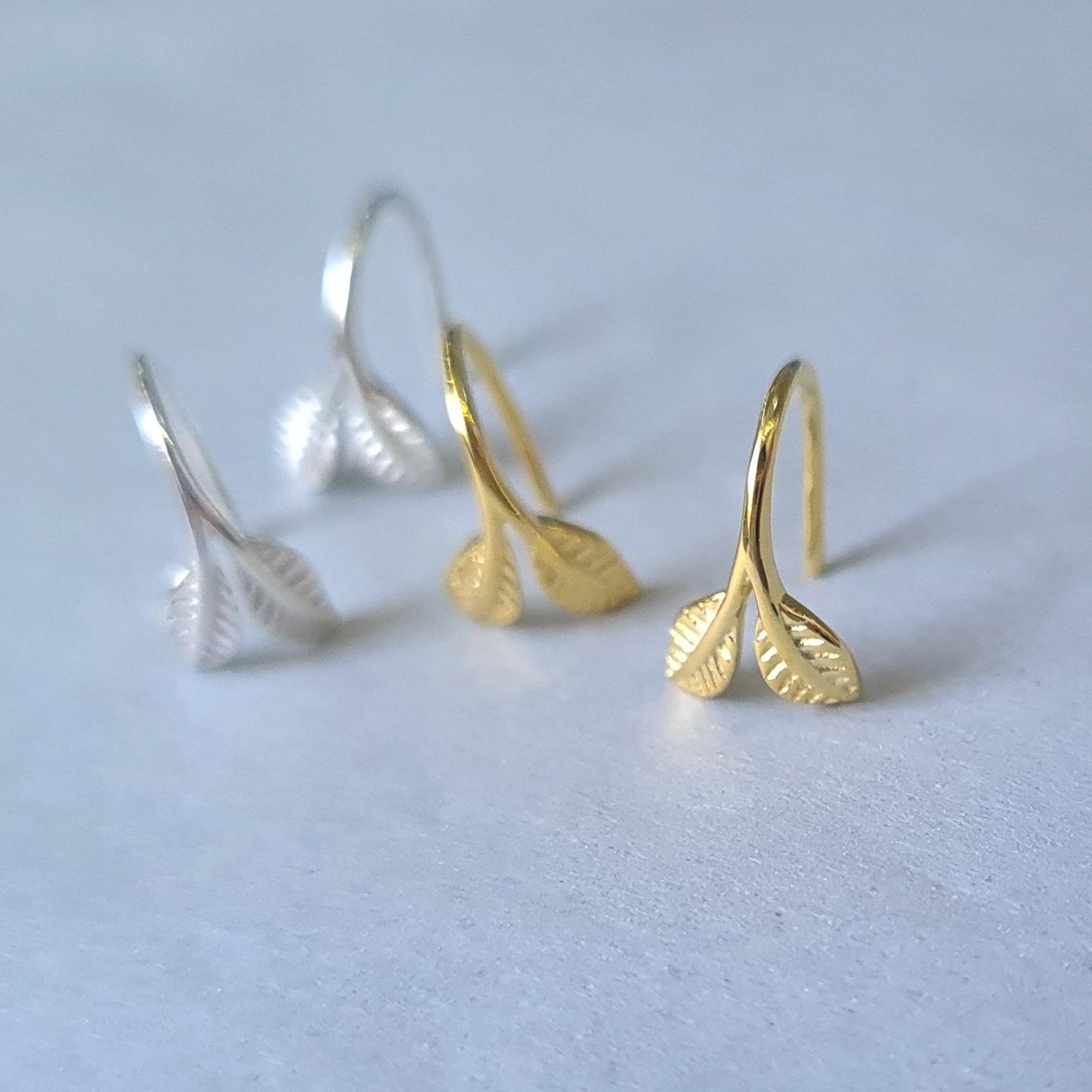 Sterling Silver Tiny Small Leaves Leaf Drop Earrings Small Gold Leaf Earrings Climber Earrings Minimalist Earrings
