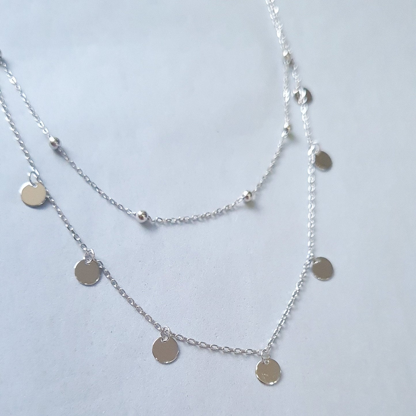 Sterling Silver Multiple Strand Layering Layered Beaded Disc Short Necklace Choker