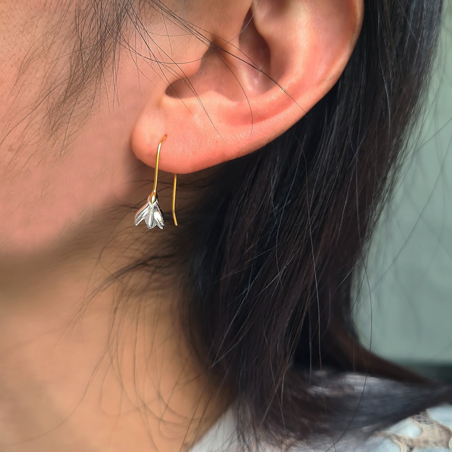 Gold Vermeil Sterling Silver Open Tulip Flower Drop Earrings Sweet Small Flower Bud Earrings