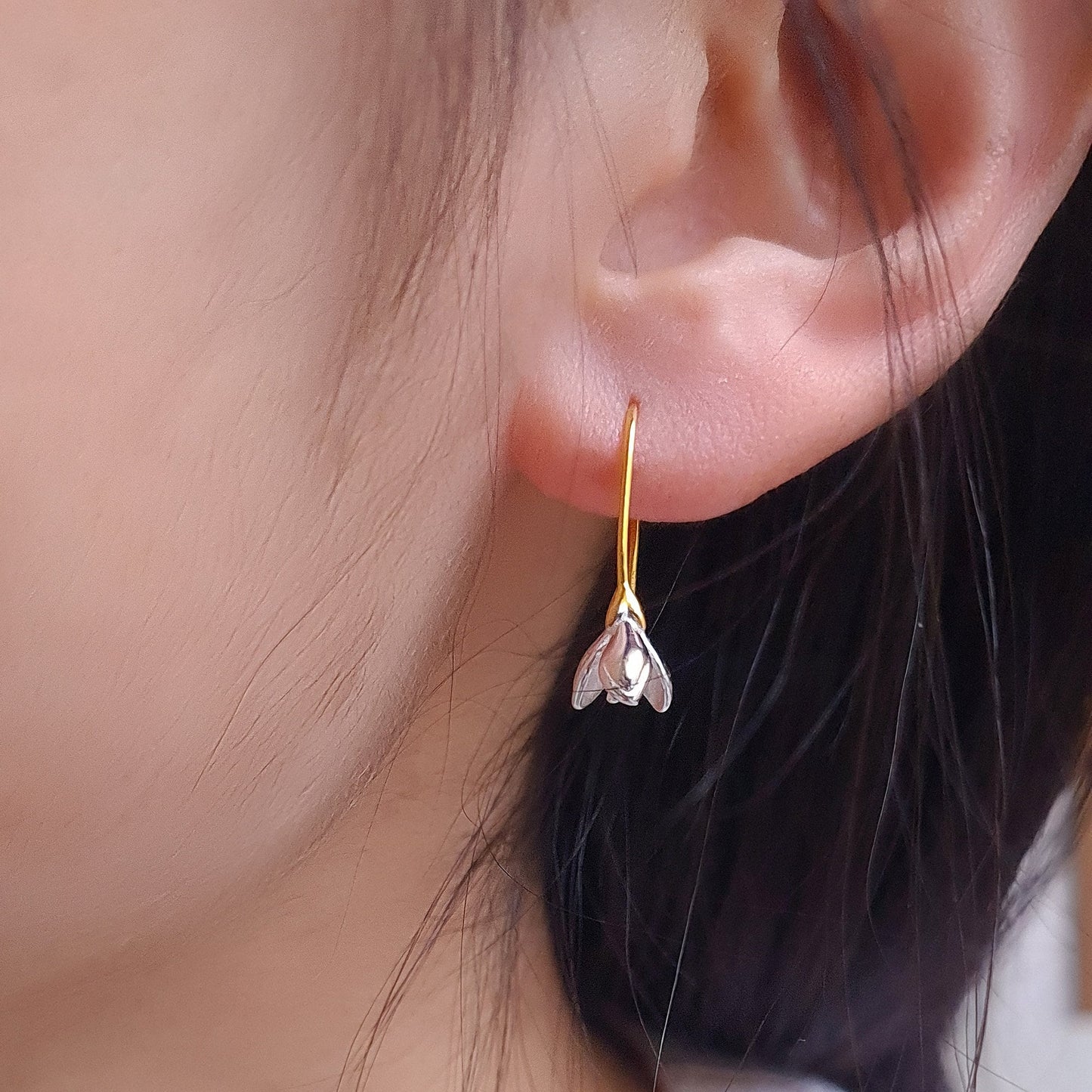 Gold Vermeil Sterling Silver Open Tulip Flower Drop Earrings Sweet Small Flower Bud Earrings