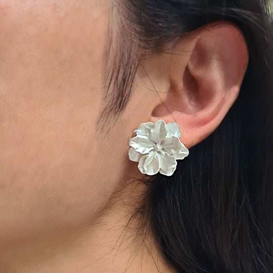 Large Ivory White Jasmine Flower Acrylic Flower Bud Earrings Sterling Silver Posts Lifelike Flower Earrings Statement Earrings