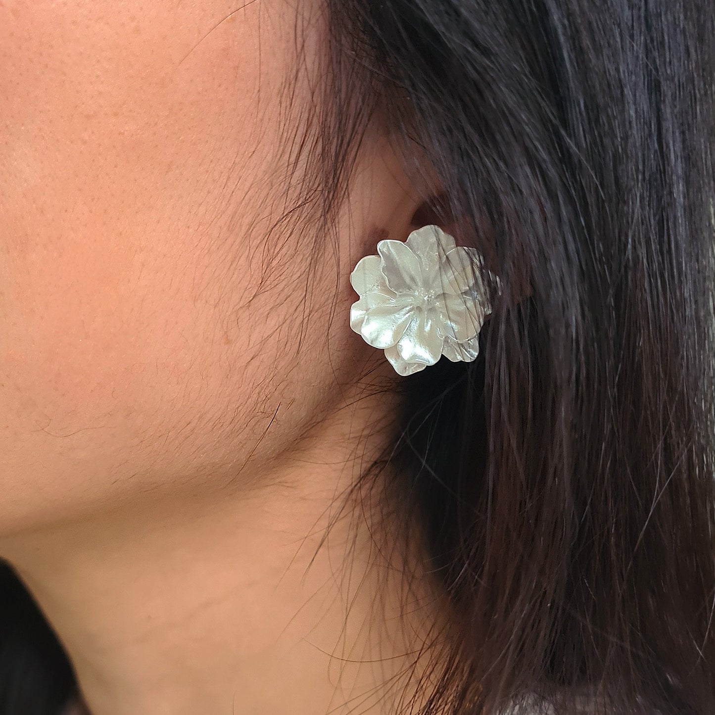 Large Ivory White Jasmine Flower Acrylic Flower Bud Earrings Sterling Silver Posts Lifelike Flower Earrings Statement Earrings