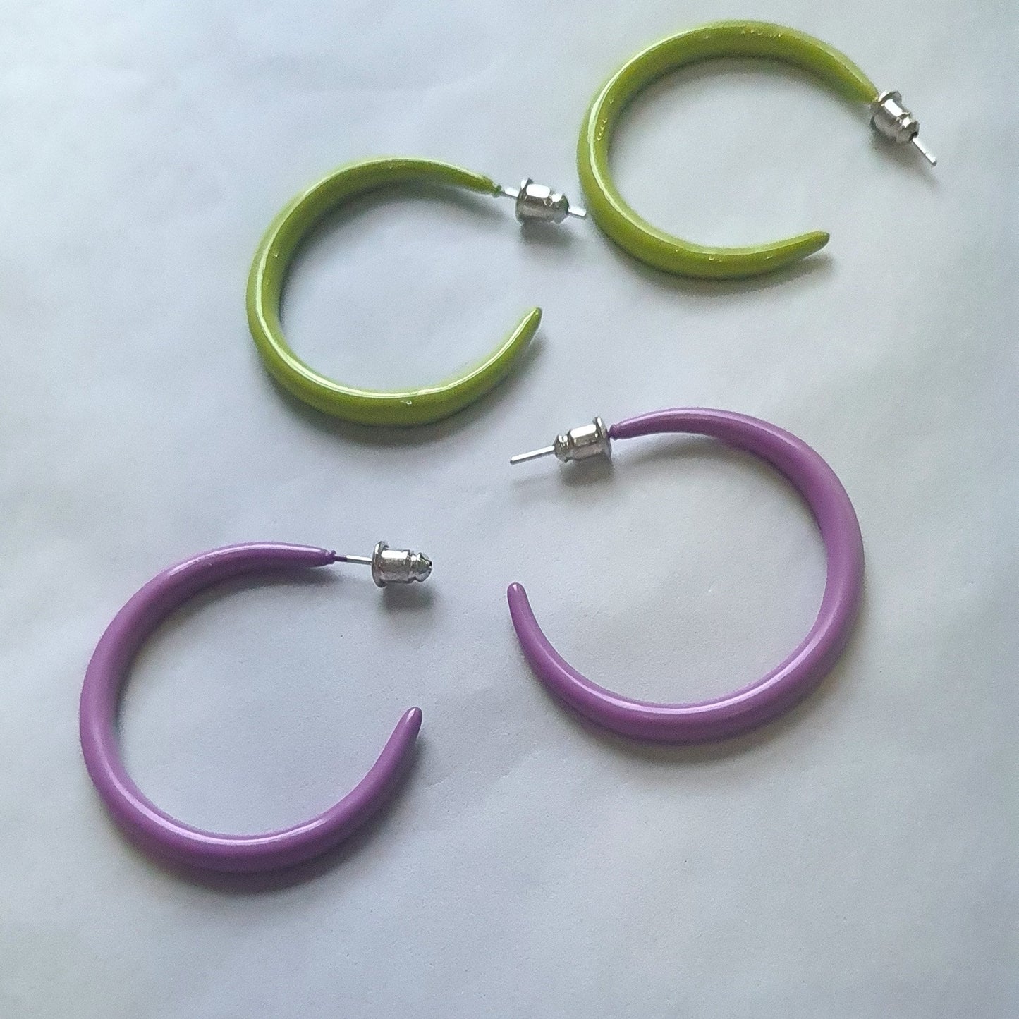 Large Acrylic Bright Green and Purple C Hoop Circle Earrings Colourful Earrings
