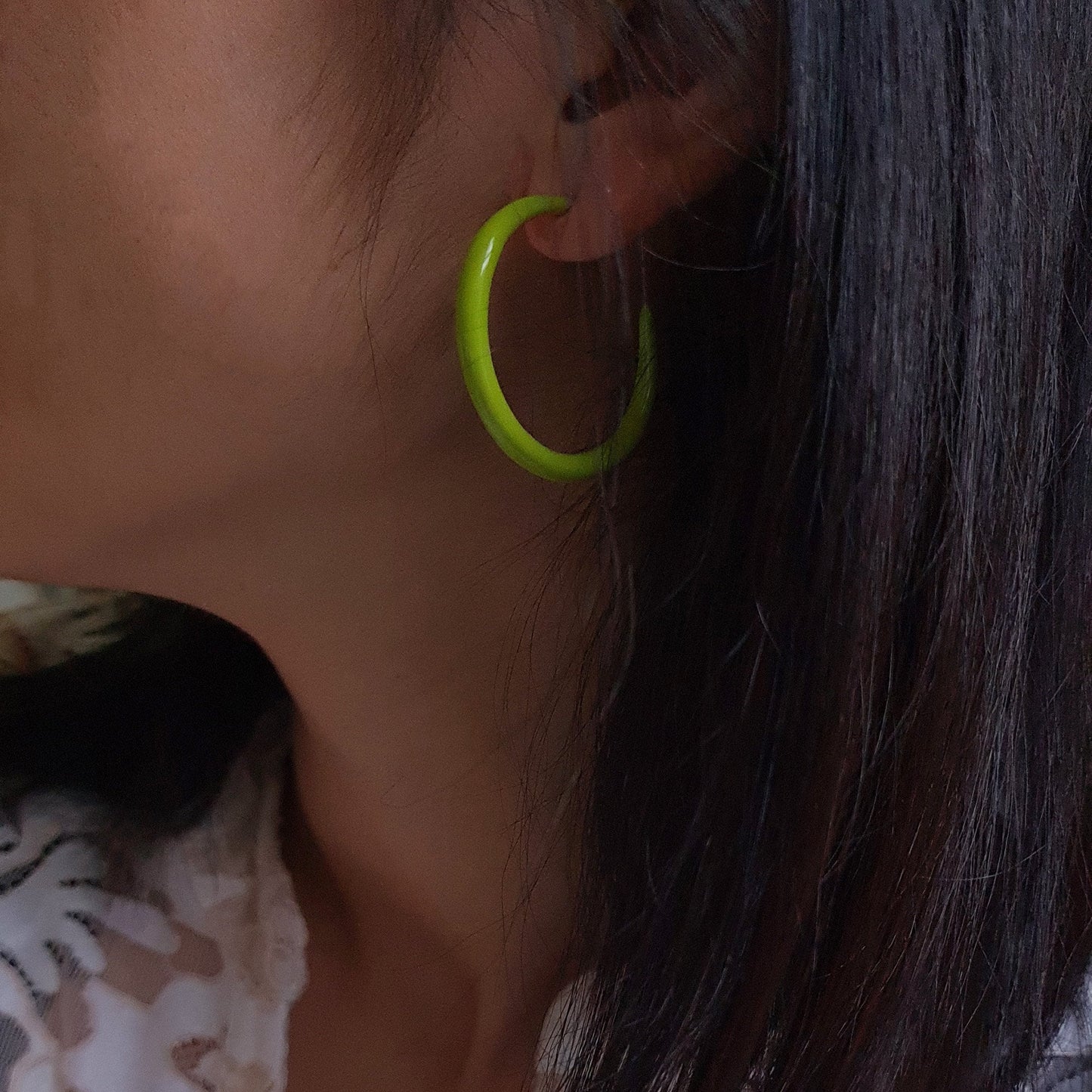 Large Acrylic Bright Green and Purple C Hoop Circle Earrings Colourful Earrings