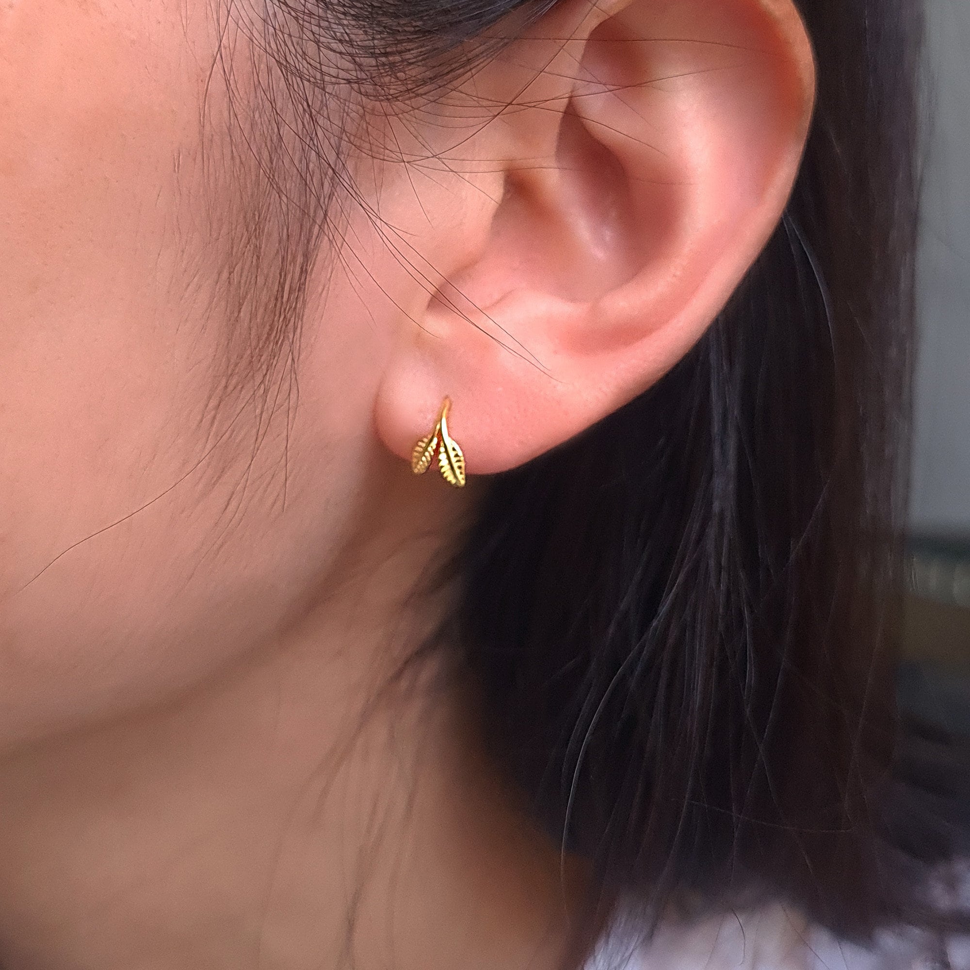 Sterling Silver Tiny Small Leaves Leaf Drop Earrings Small Gold