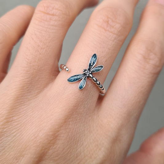 Sterling silver Blue Enamel Dragonfly Open Adjustable Silver Ring Band