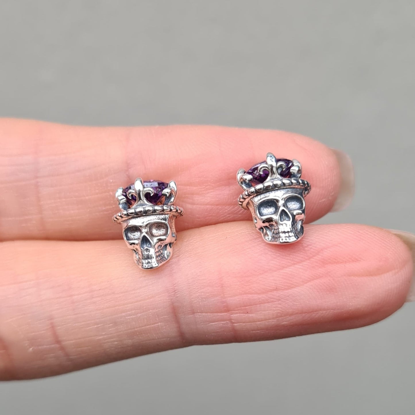 Sterling Silver Skeleton Skull Head King Stud Earrings Pirate King Halloween Punk Gothic Death Jewellery