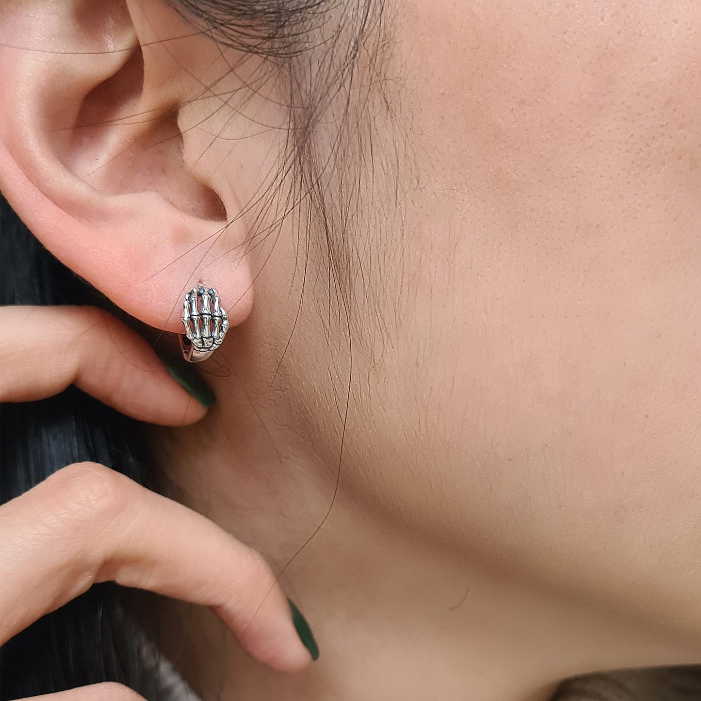 Sterling Silver Skeleton Hands Huggie Small Hoop Earrings