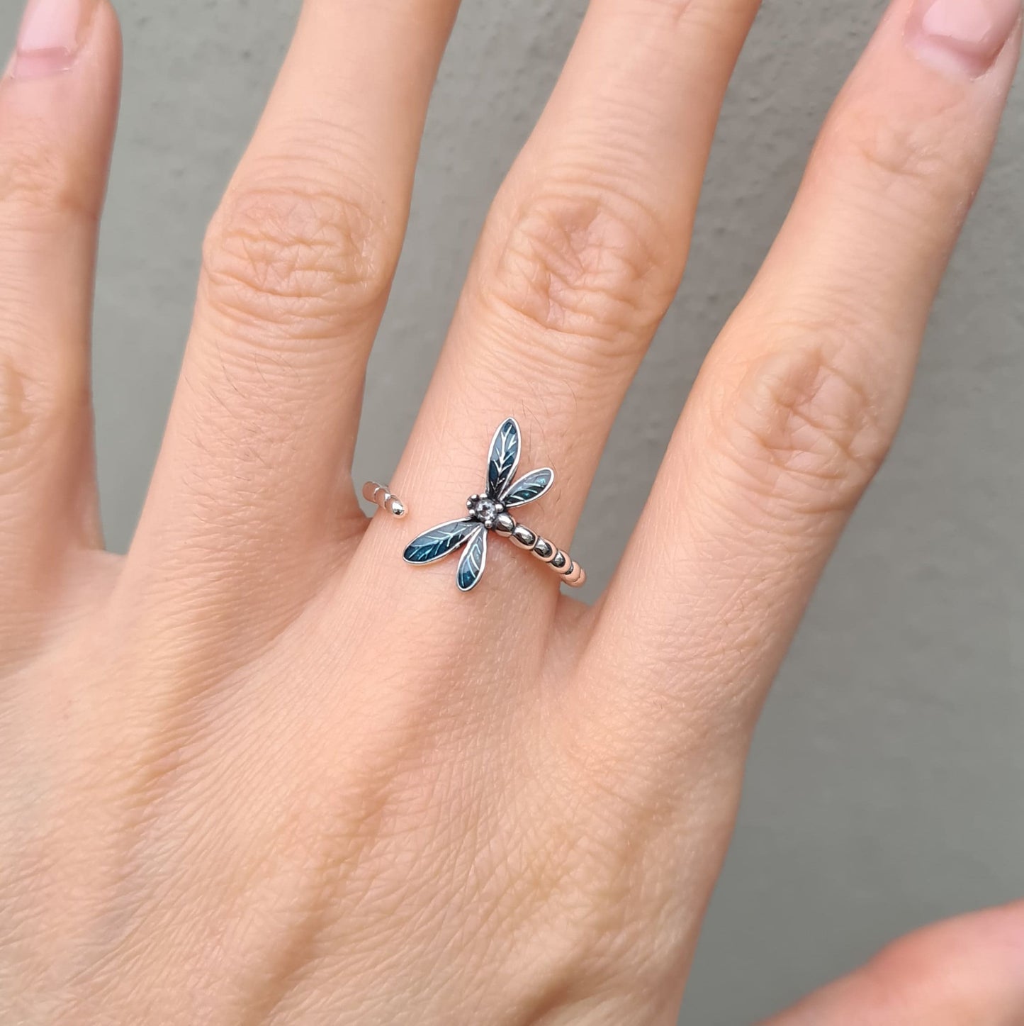 Sterling silver Blue Enamel Dragonfly Open Adjustable Silver Ring Band