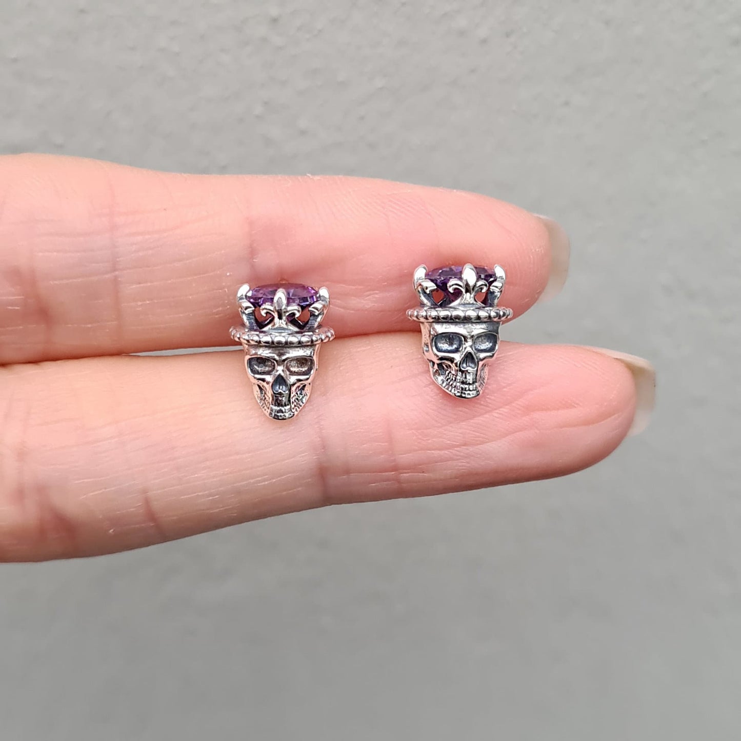 Sterling Silver Skull with a Crown Stud Earrings