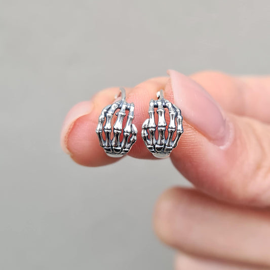Sterling Silver Skeleton Hands Huggie Small Hoop Earrings Halloween Gothic Dark Mood Jewellery