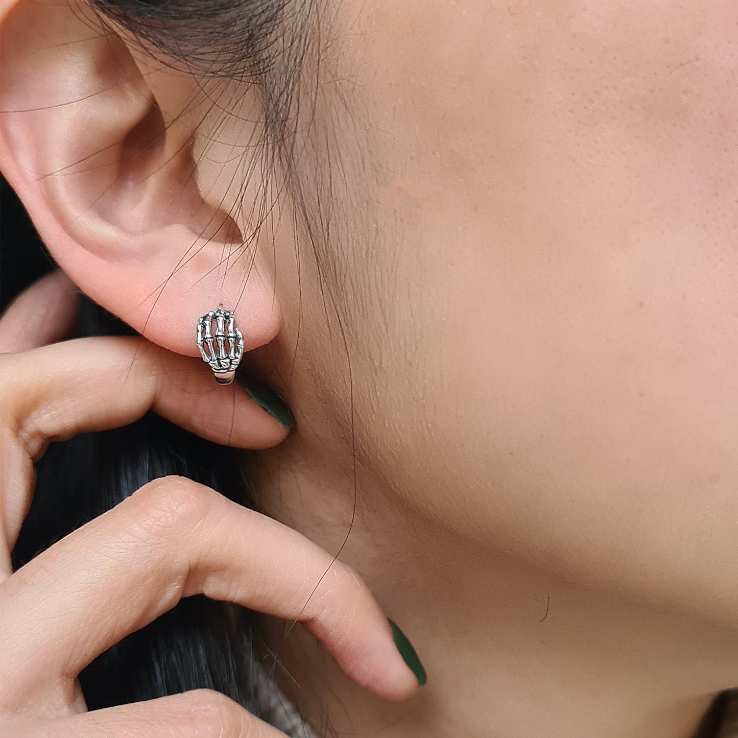 Sterling Silver Skeleton Hands Huggie Small Hoop Earrings