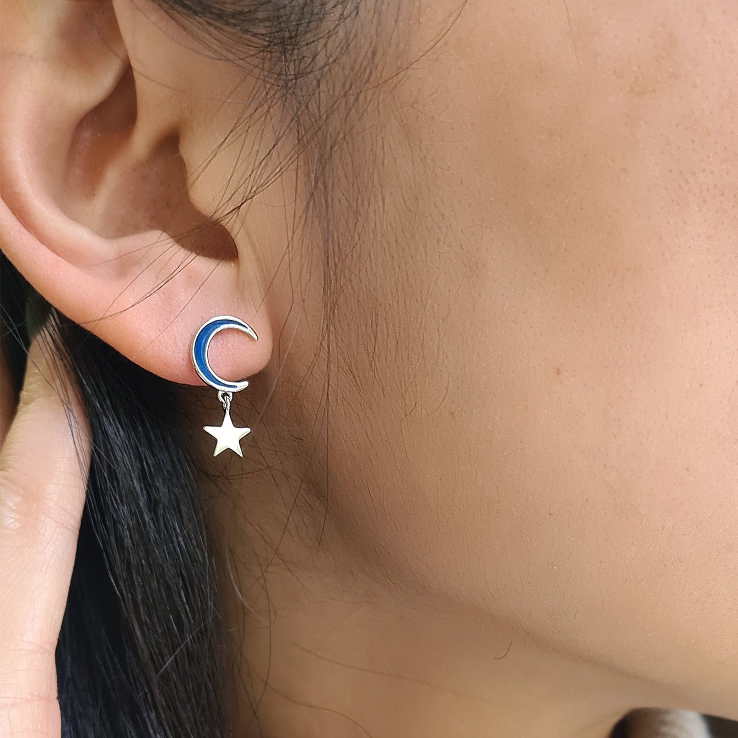 Sterling Silver Blue Enamel Cat and Moon Star Mix and Match Silver Drop Earrings