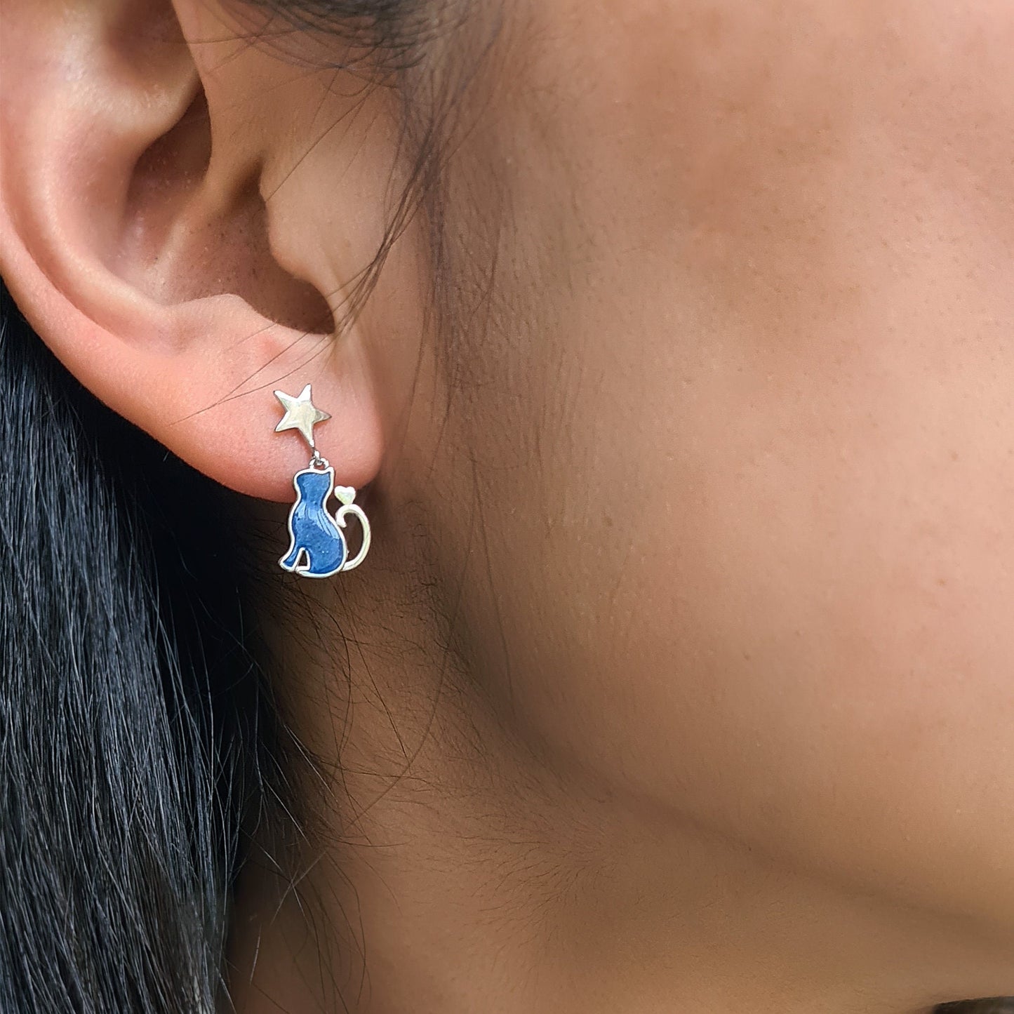 Sterling Silver Blue Enamel Cat and Moon Star Mix and Match Silver Drop Earrings