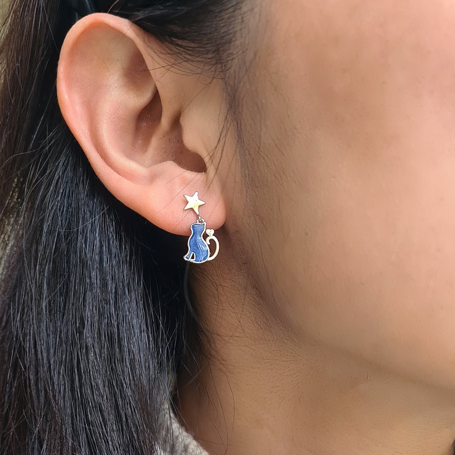 Sterling Silver Blue Enamel Cat and Moon Star Mix and Match Silver Drop Earrings